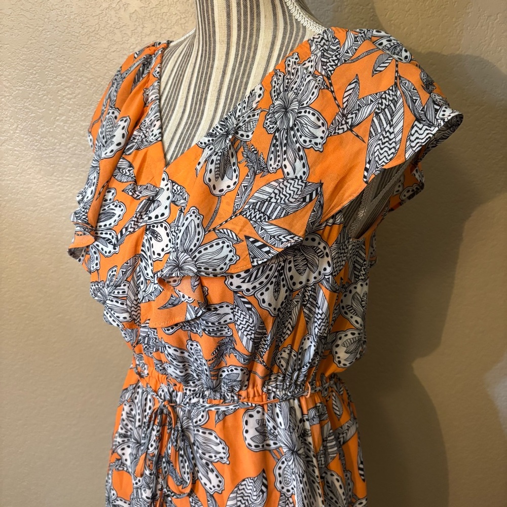 SALE! LOFT Dress XS Orange Black White Floral Mini Retro Ruffle Elastic Neckline - Picture 10 of 16
